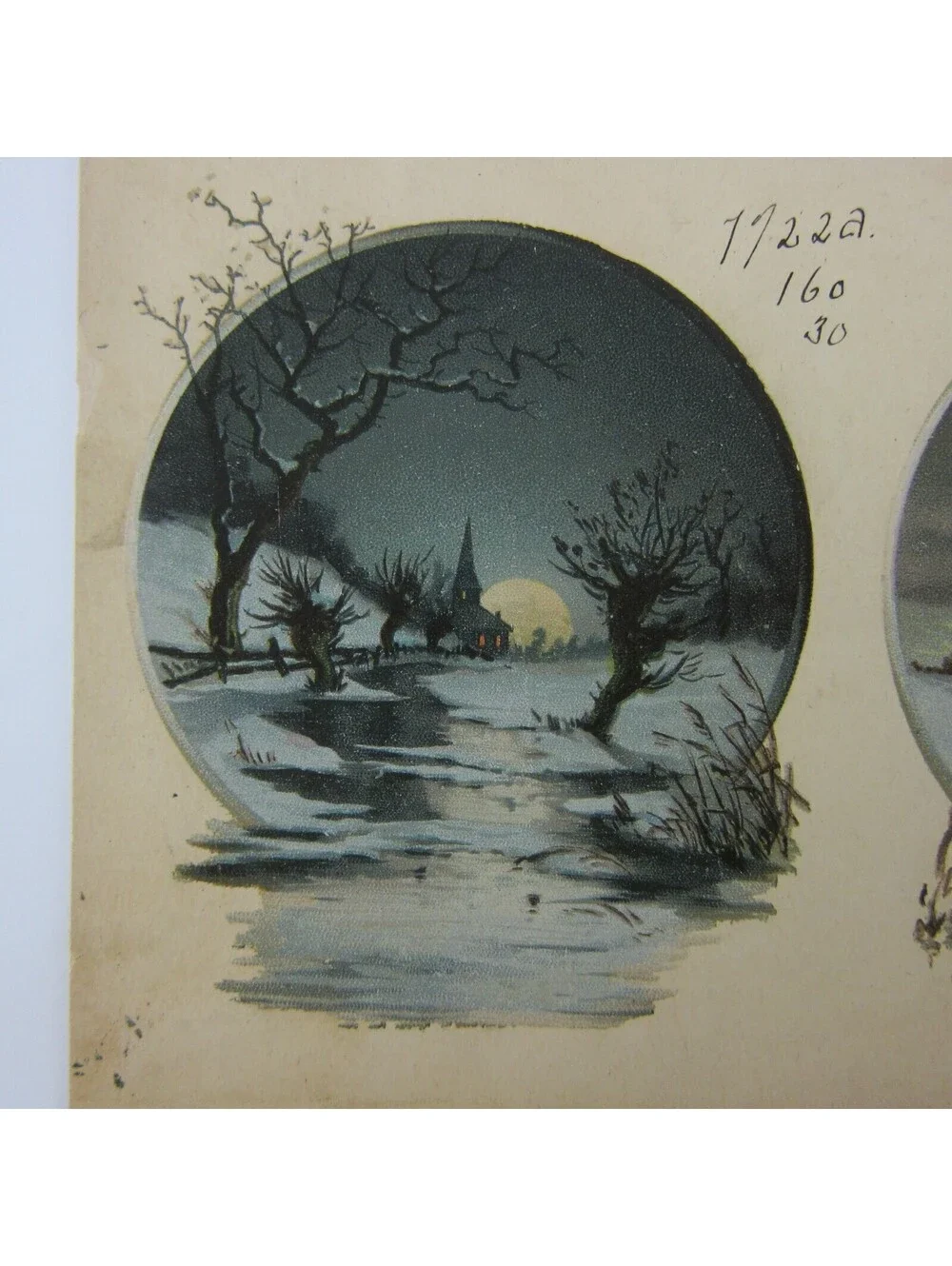 Antique Lithograph Print Samples Winter Snow Stream Night Moon Church House RARE
